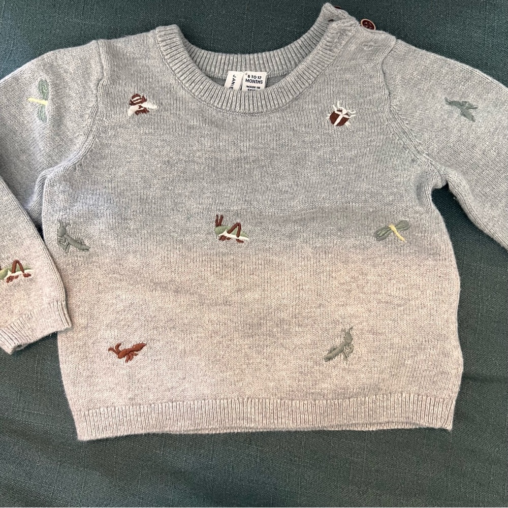 Janie and Jack Gray Knit Baby Sweater with Embroidered insects